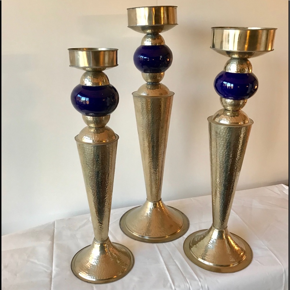 Silver and Blue Candlesticks - set of 3